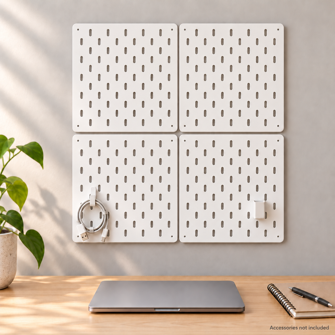 Illustrative arrangement of four white 24 × 24 cm pegboard panels; accessories not included