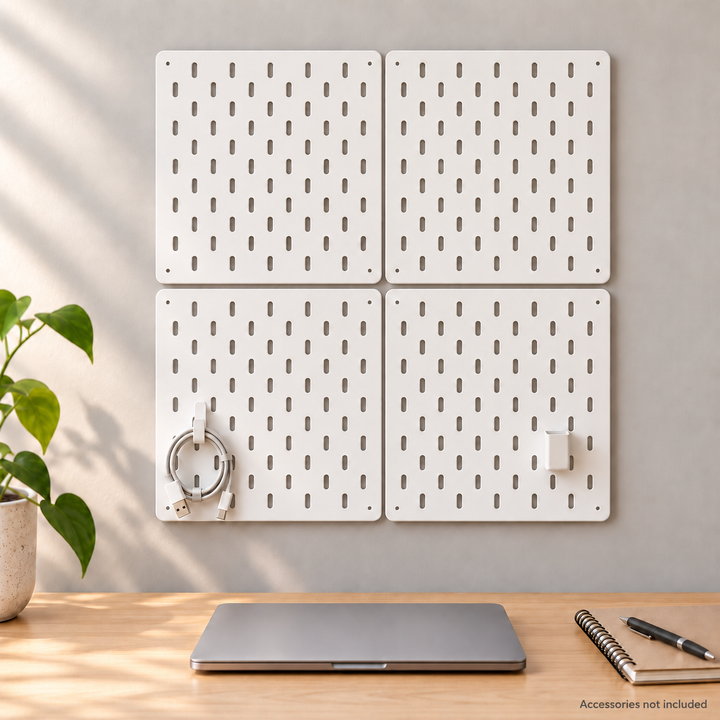 Illustrative arrangement of four white 24 × 24 cm pegboard panels; accessories not included
