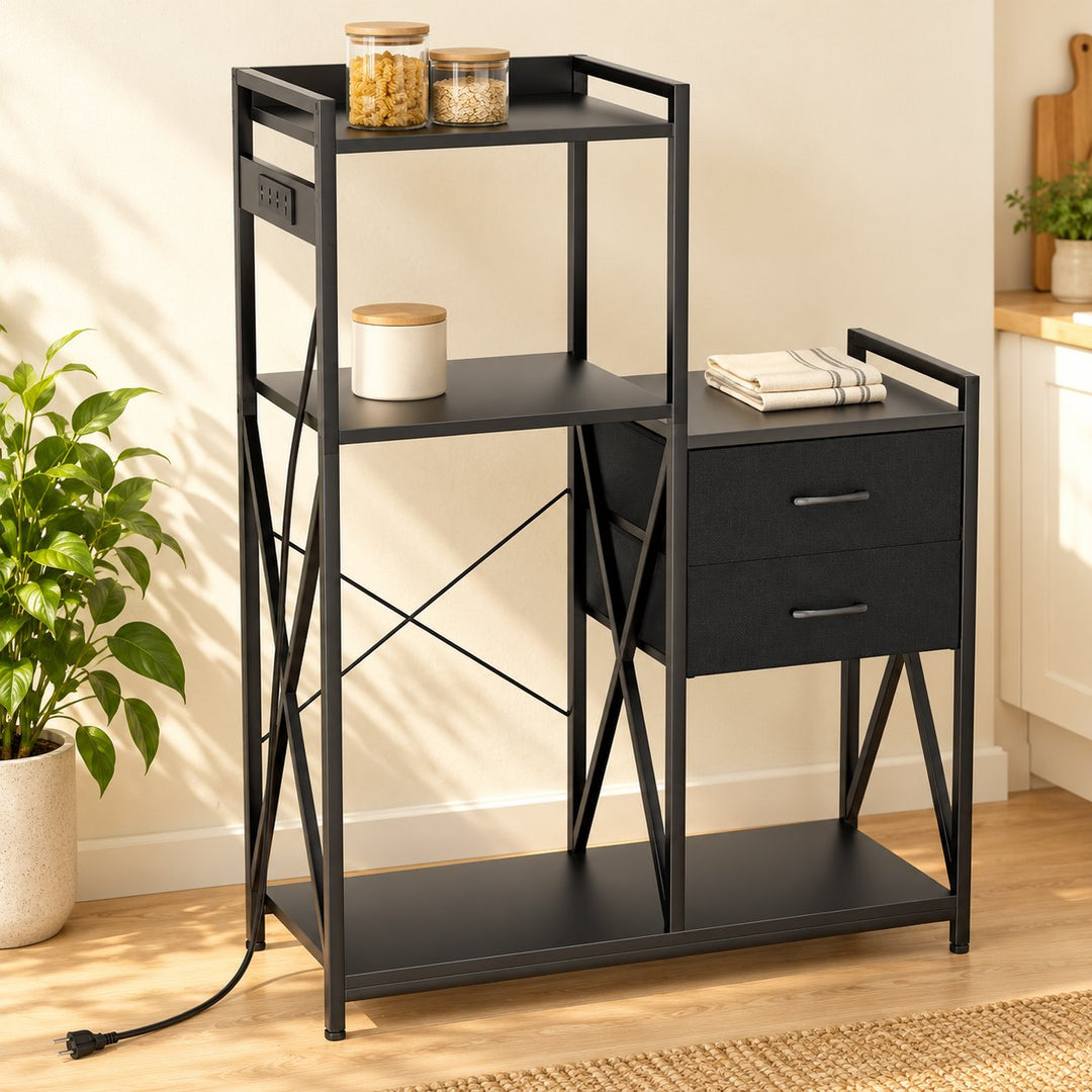 Black asymmetric Xerola kitchen organizer rack with two drawers against a wall in natural daylight