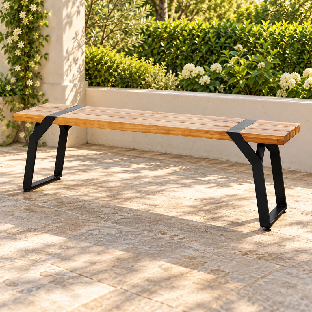 One Zoratino three-slat wooden bench with asymmetric black closed-loop metal legs on a garden veranda