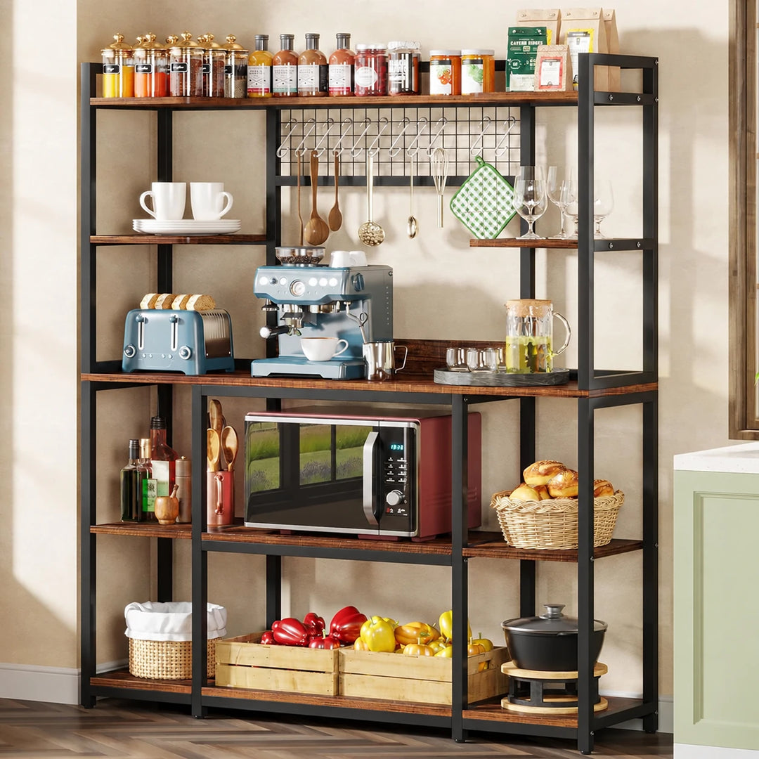 Black and brown kitchen rack with appliances and a vegetable crate