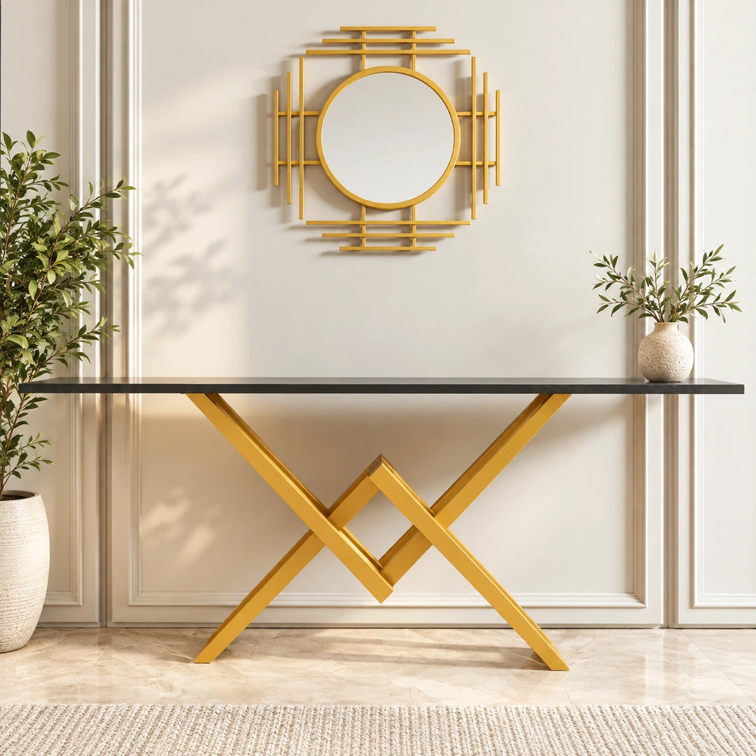 Black top Waterway console table with Akil Gold powder-coated crossed base in a bright entryway