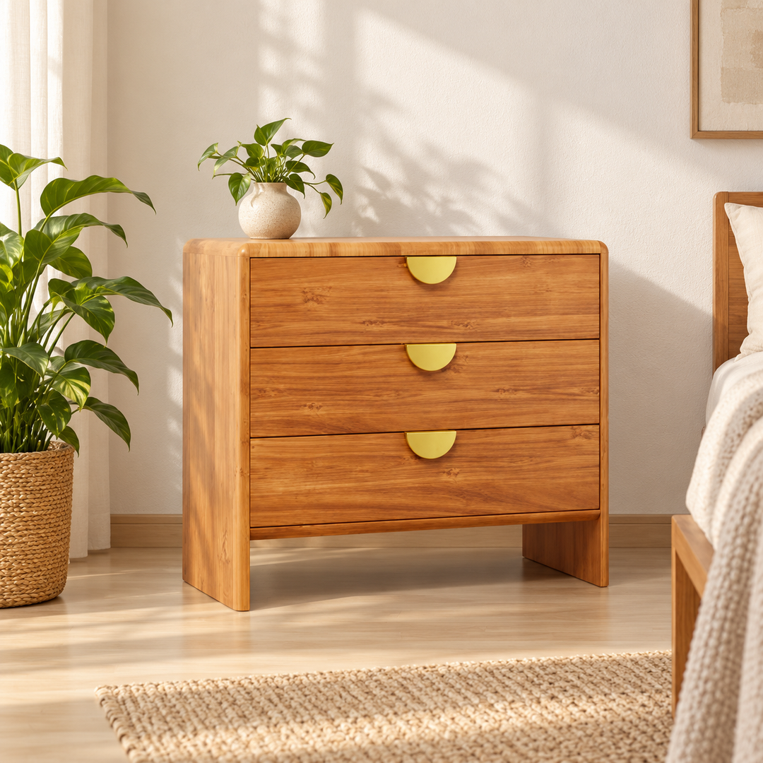 Watsoy three-drawer wood dresser with gold half-moon handles against a sunlit bedroom wall