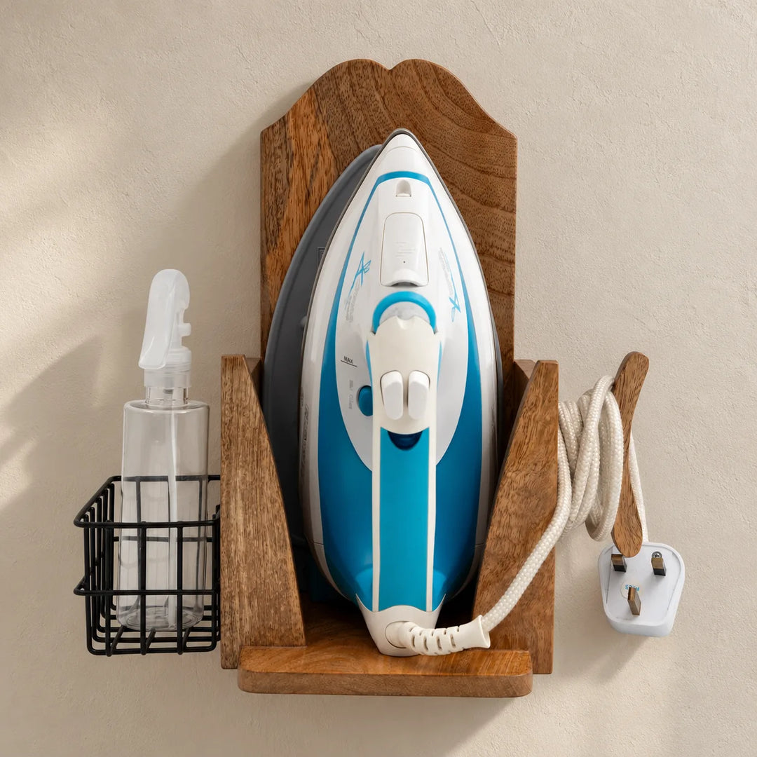 Wealo wooden wall-mounted iron holder with side basket and cord storage; iron and spray bottle shown for demonstration and not included