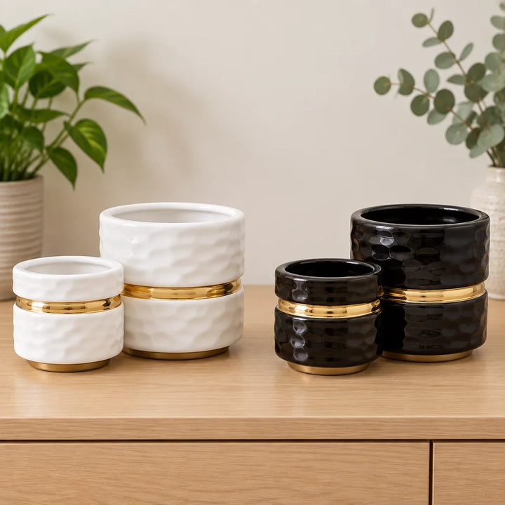 White and black ceramic candy vases with gold bands in two sizes on wooden table
