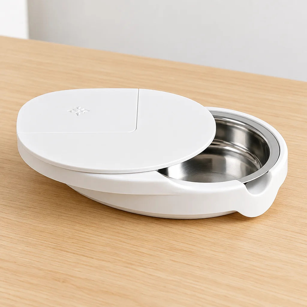 White ashtray with lid slid open showing stainless steel bowl on desk