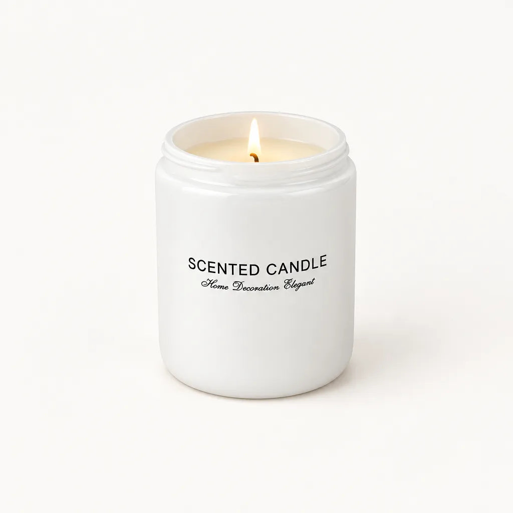 Lit scented candle in white glass jar, front view on cream background