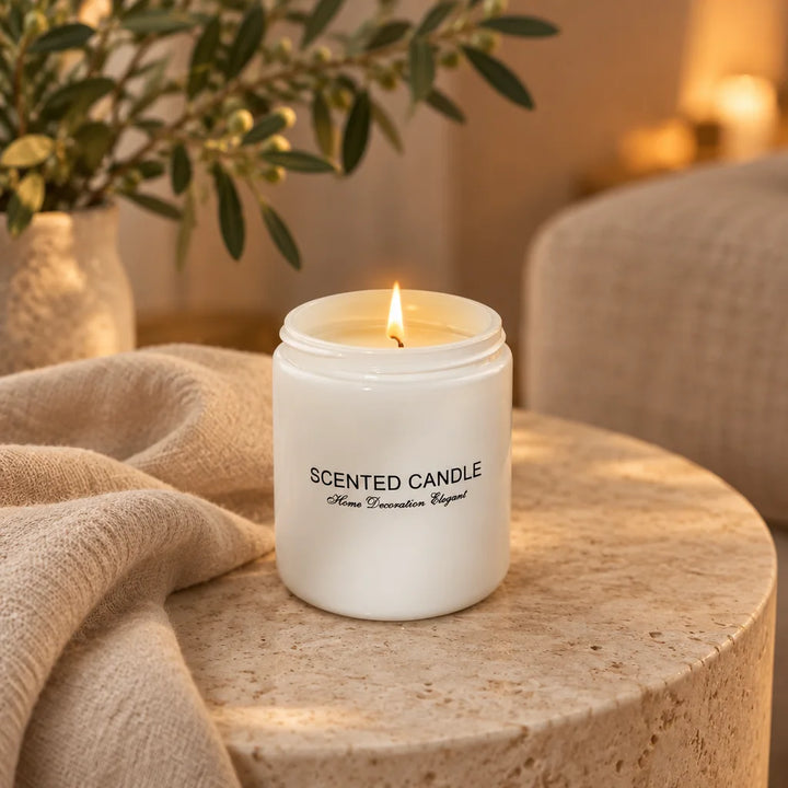 Lit white scented candle jar on round wooden table with knitted throw and plant