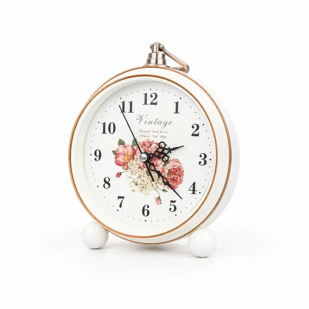 Round white alarm clock with rose gold rim and floral face, front view on white background
