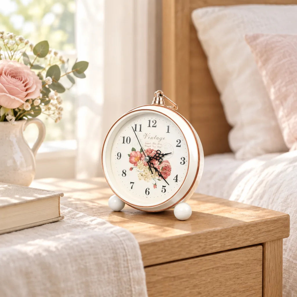 White round alarm clock with pink floral dial on wooden bedside table