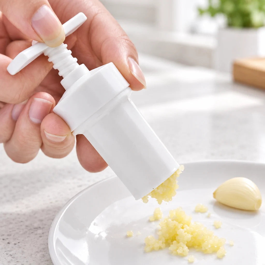White handheld garlic masher pressing crushed garlic onto a plate