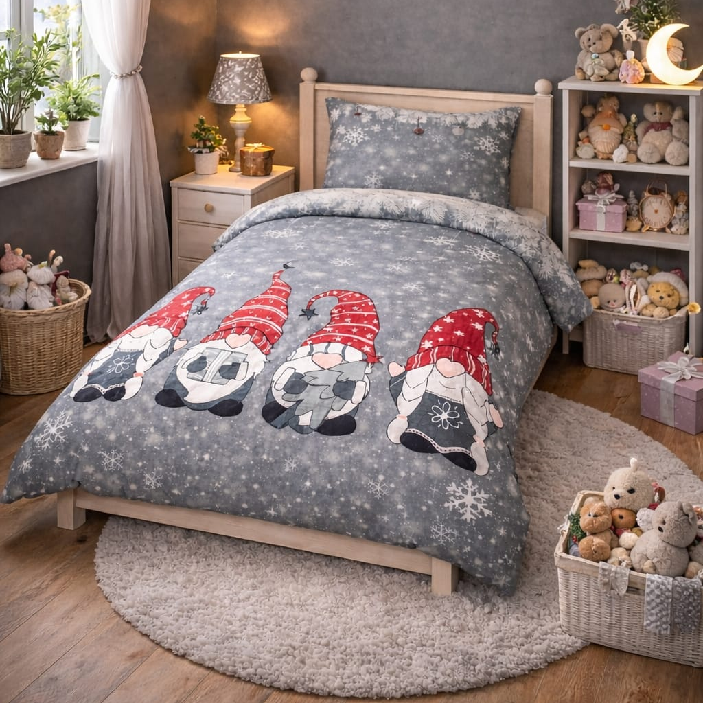Soft grey kids single bed sheet with snow-covered gnomes and snowflakes
