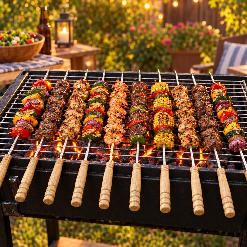 Wooden-handled barbecue skewers holding food on an outdoor grill