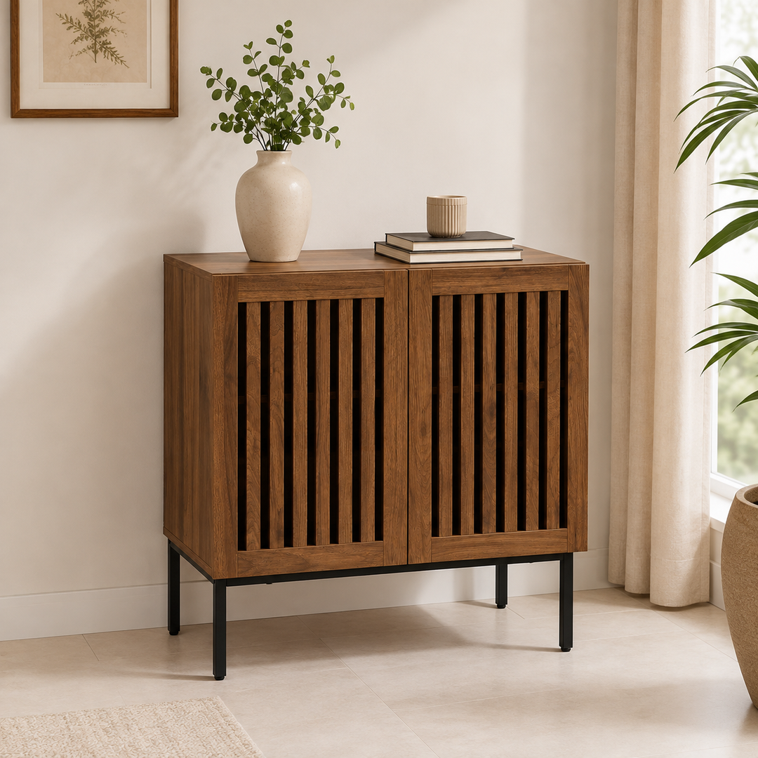 Wooden storage cabinet with slatted doors and black metal legs for living room and kitchen – Waseeh Pakistan
