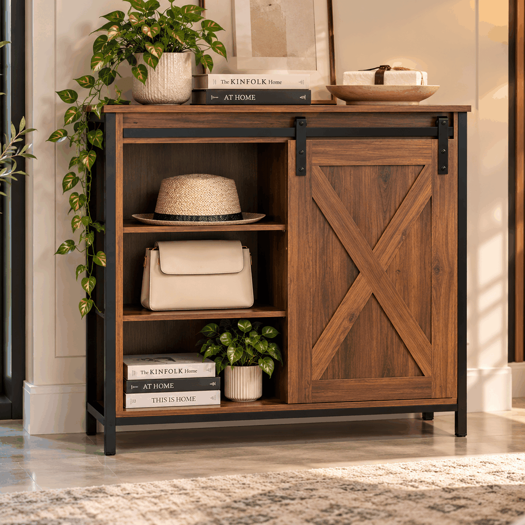 Brown side cabinet with a sliding barn-style door and open storage shelves