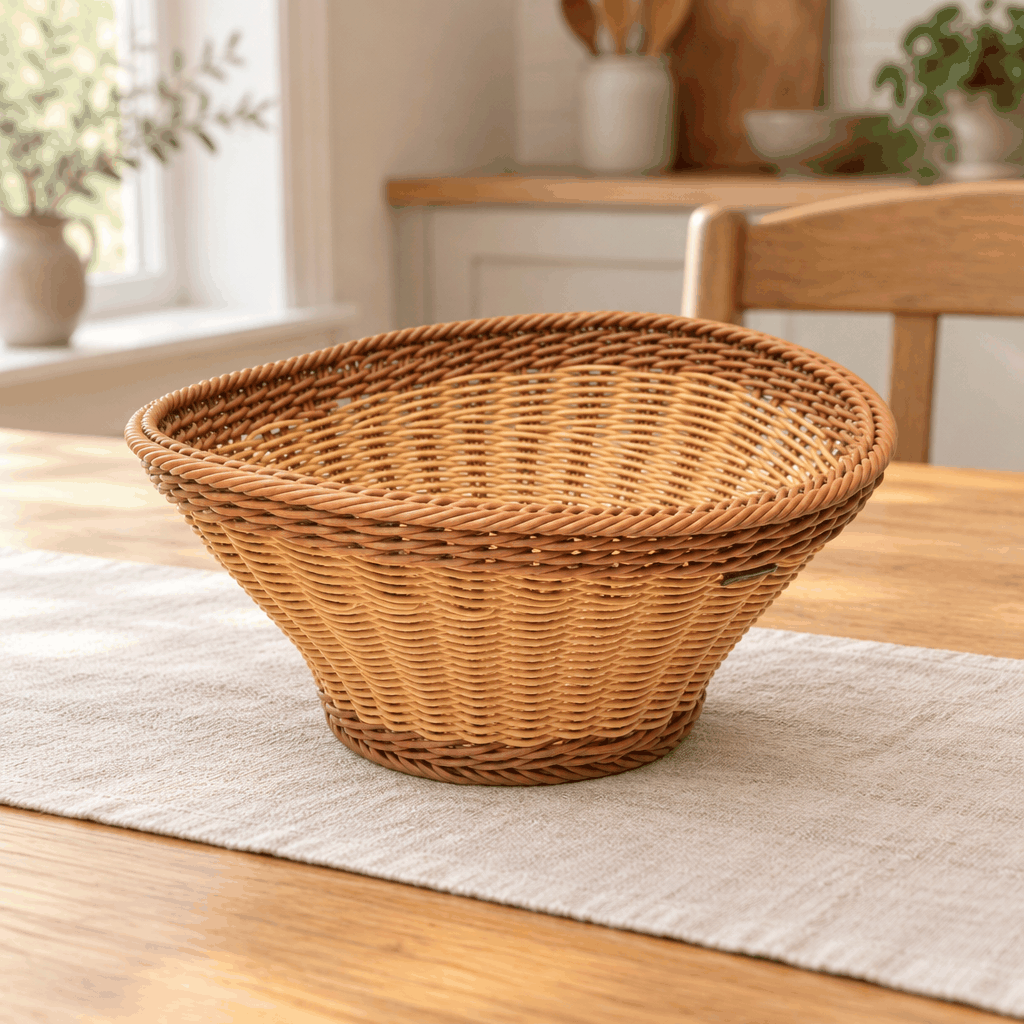 Empty light brown oval braided kitchen basket on wooden dining table near window