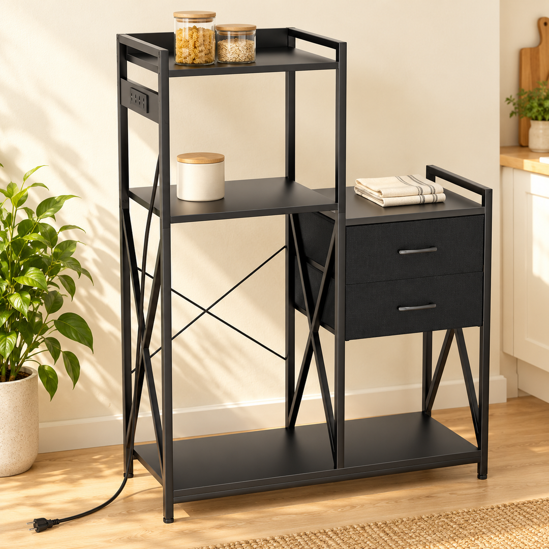 Black asymmetric Xerola kitchen organizer rack with two drawers against a wall in natural daylight