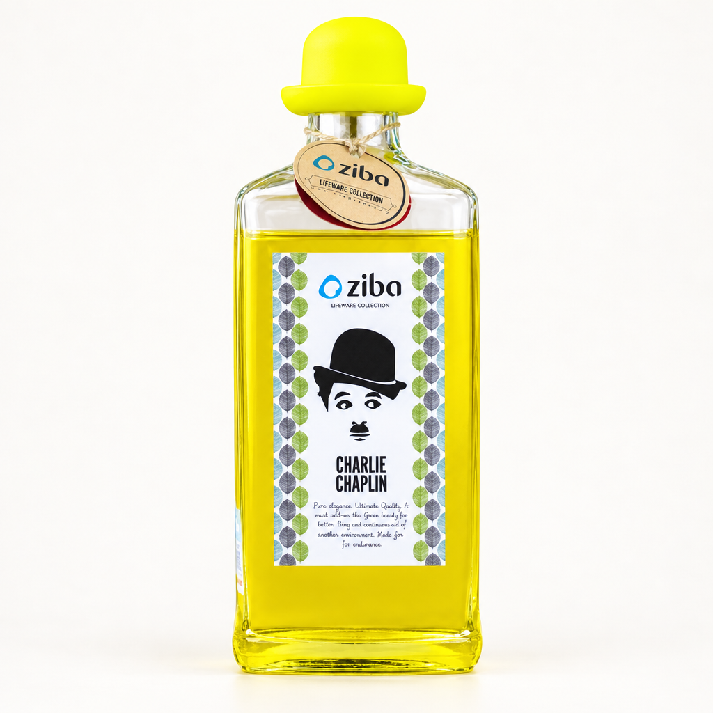 Clear vintage gentleman glass bottle with yellow bowler hat lid, front view on white