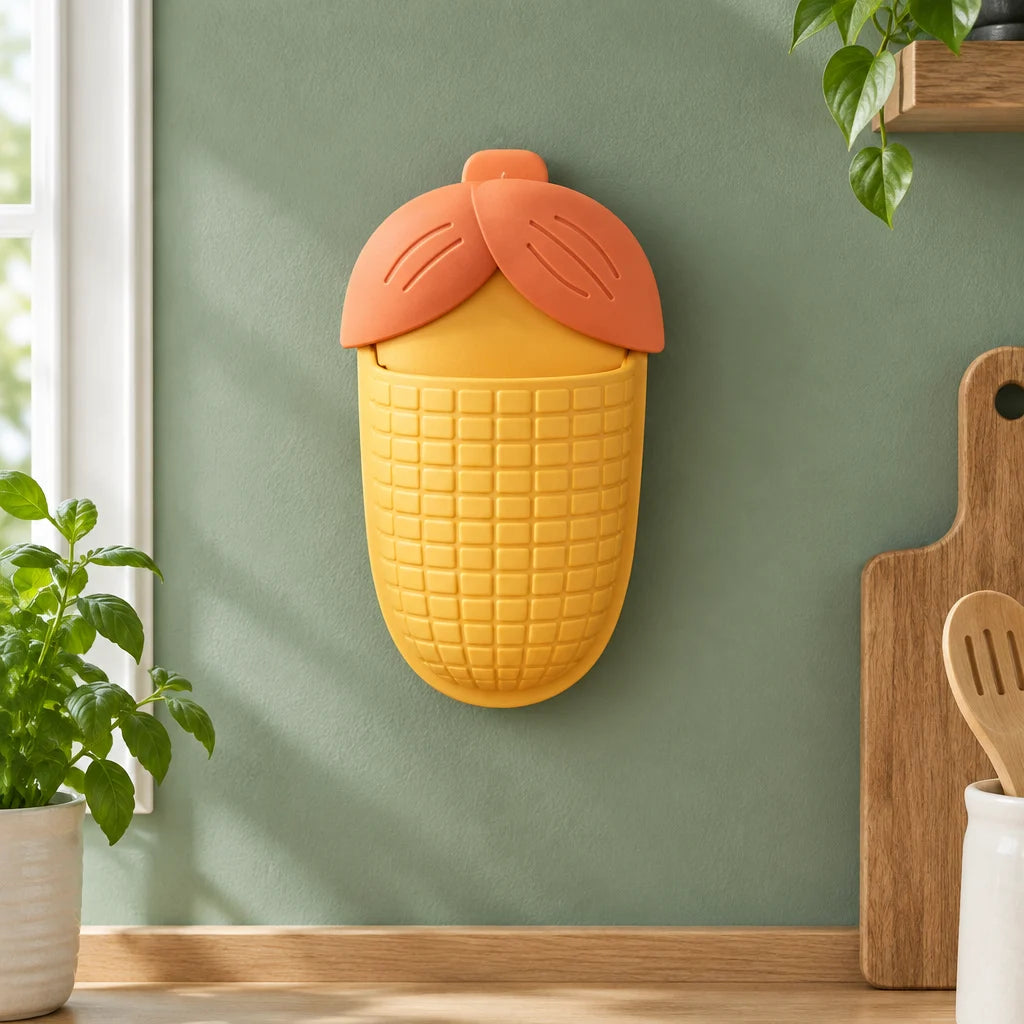 Yellow corn-shaped wall storage holder with an orange lid above a kitchen counter