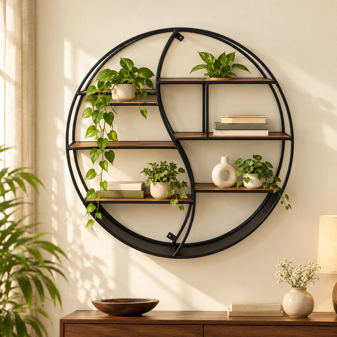 Black circular Yin Yang floating shelf with six brown shelves, styled with plants and books in a sunlit living room