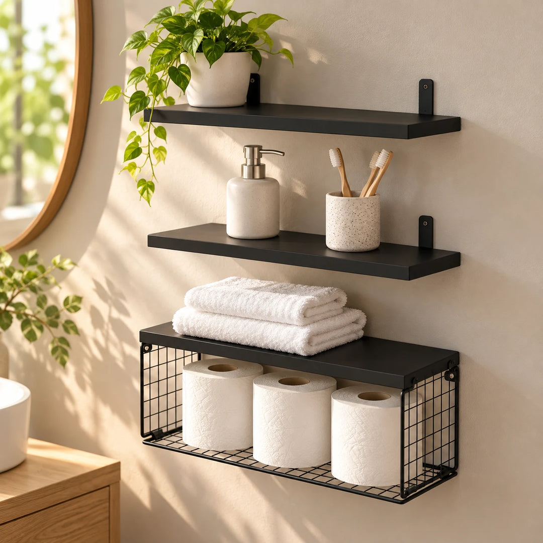 Black Zaram set of three floating shelves with wire storage basket, shown mounted in a sunlit bathroom; accessories for styling only