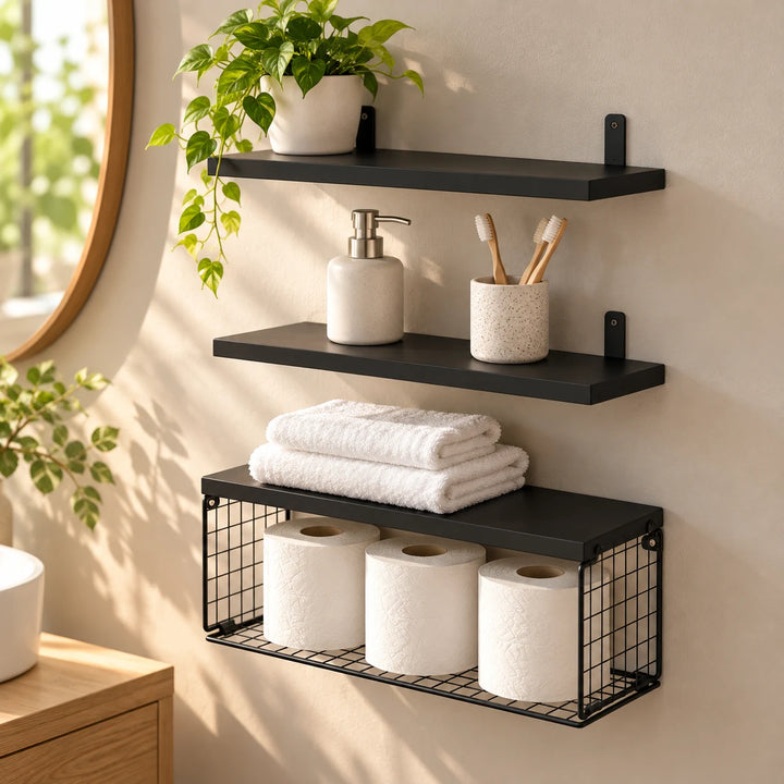Black Zaram set of three floating shelves with wire storage basket, shown mounted in a sunlit bathroom; accessories for styling only