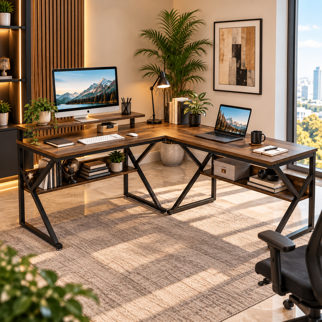 L-shaped brown computer desk with a black frame and lower storage shelves