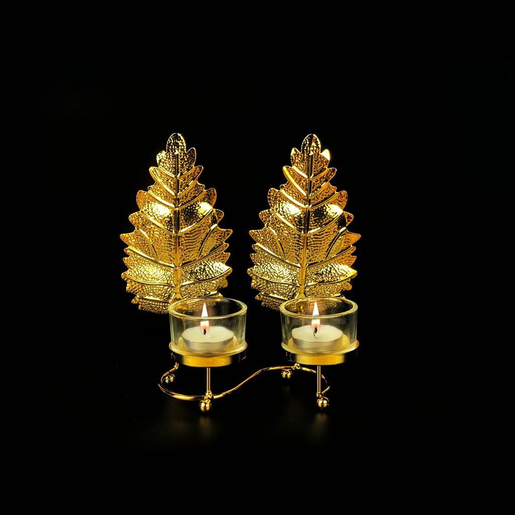 Leaf Metal Golden Double Candle Stand with Glass Pot - waseeh.com