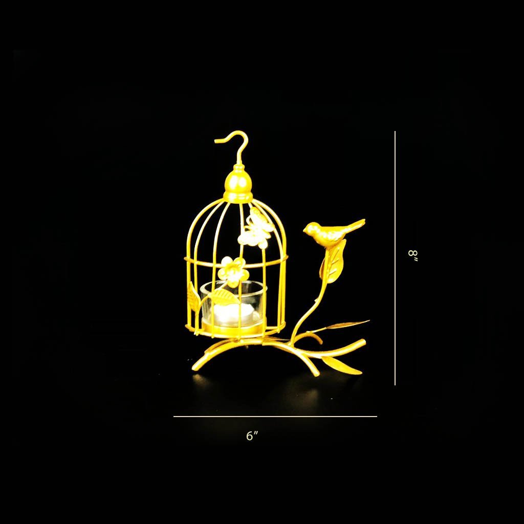 Bird Cage Metal Golden Candle Stand with Glass Pot - waseeh.com