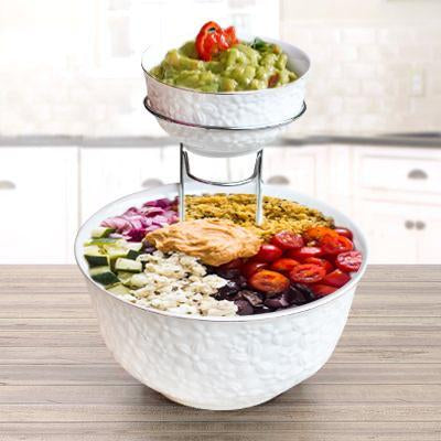 Chip and dip 2 Tier Round Bowl Set with Metal Rack - waseeh.com