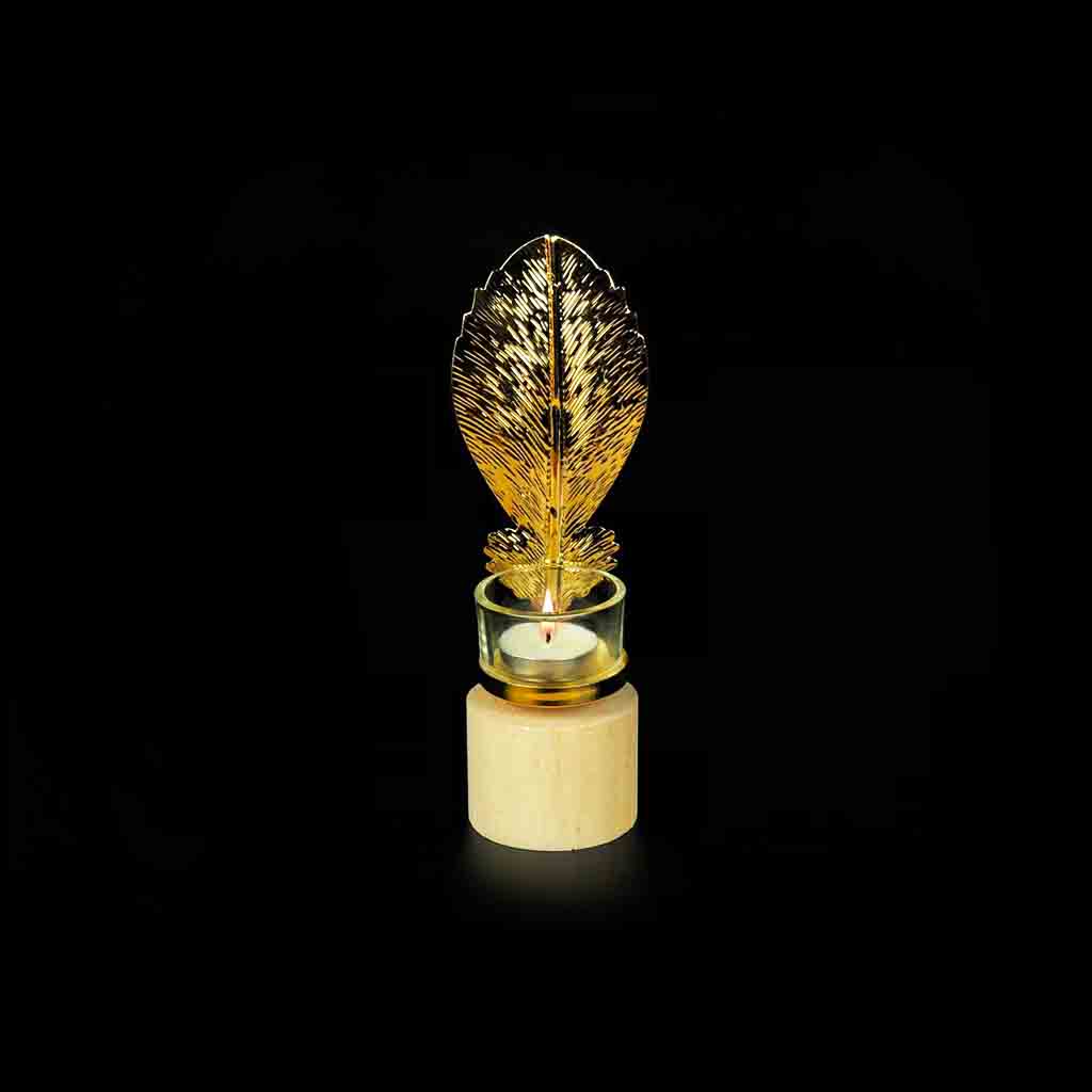 Leaf Metal Golden Candle Stand with Wooden Bases & Glass Pot - waseeh.com