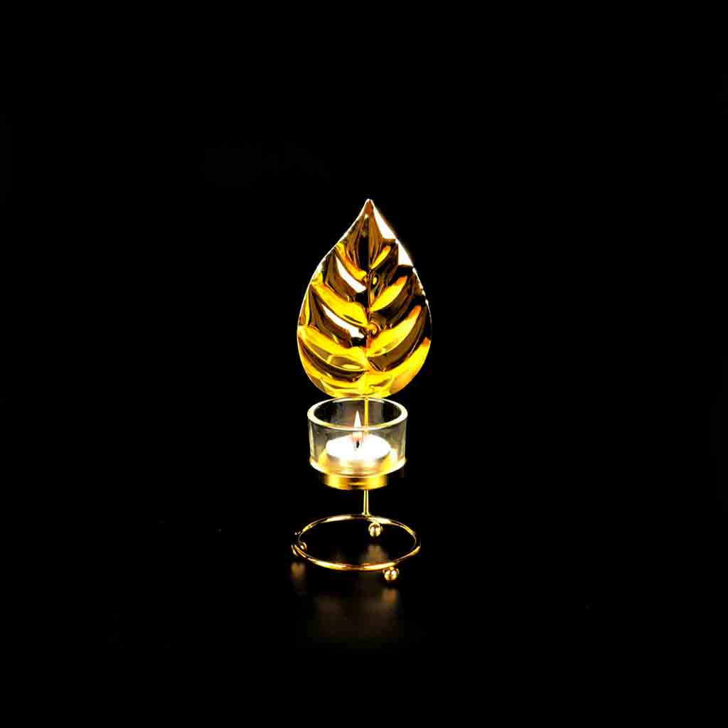 Leaf Metal Golden Candle Stand with Glass Pot - waseeh.com