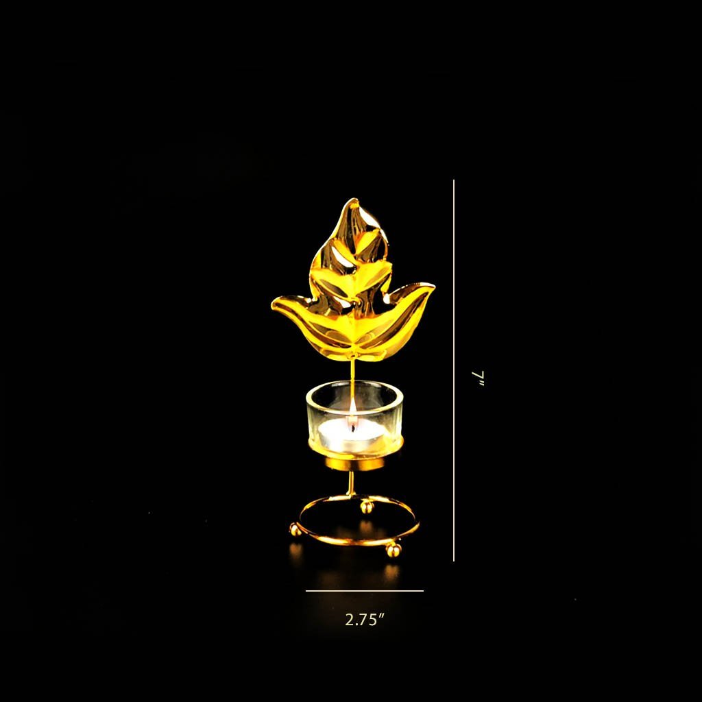 Leaf Metal Golden Candle Stand with Glass Pot - waseeh.com