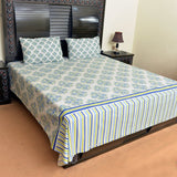 Blue Pattern cotton bed sheet with 2 pillow cases - waseeh.com