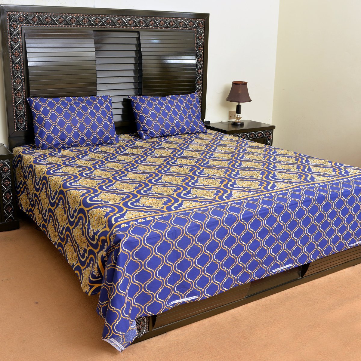 Navy blue pattern cotton bed sheet with 2 pillow cases - waseeh.com