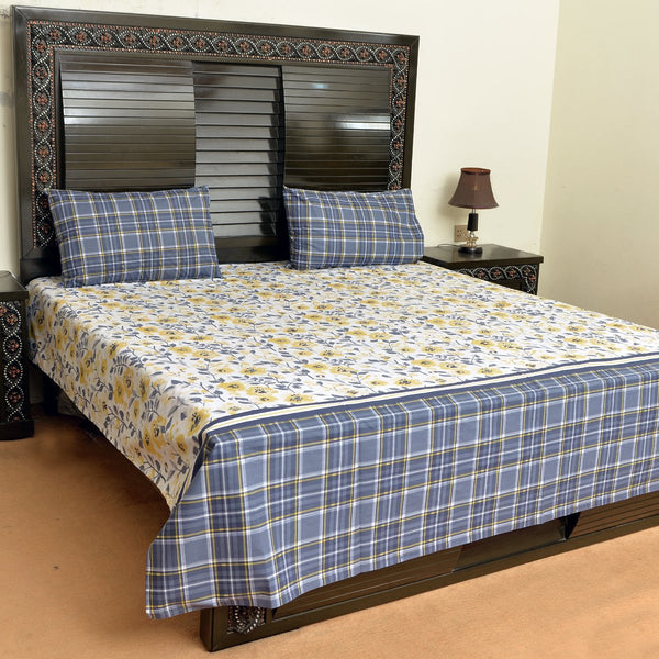 Yellowish flowers with check cotton bed sheet with 2 pillow cases - waseeh.com