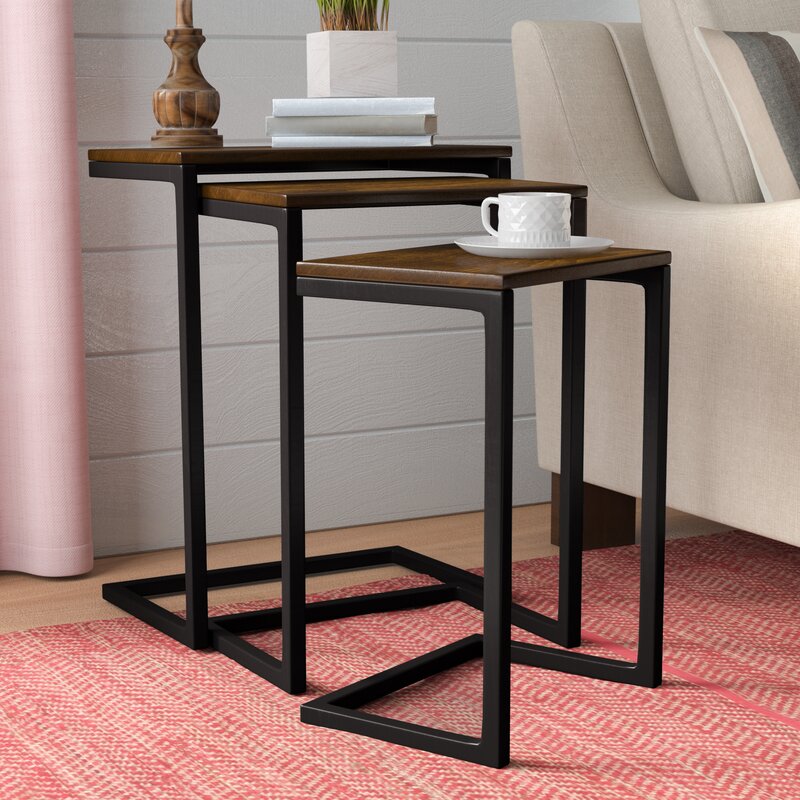 C type wooden nesting tables set of 3 for living room sofa side table and compact space saving use
