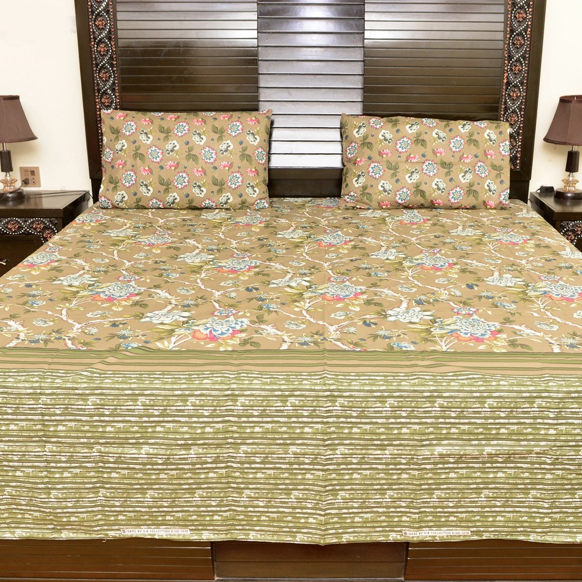 Camel coloured floral cotton bed sheet with 2 pillow cases - waseeh.com
