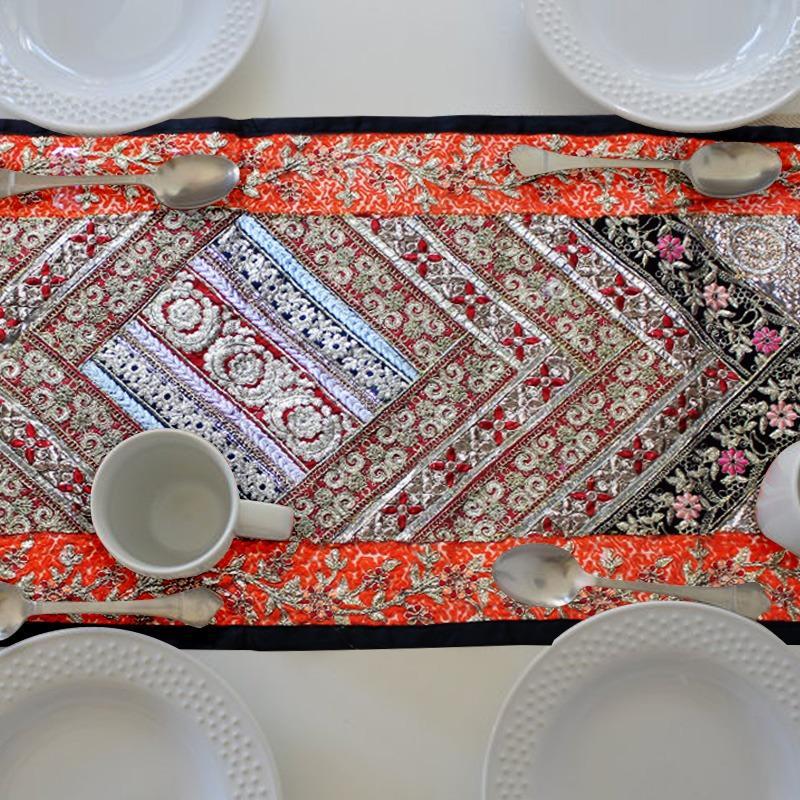 Orange black embroided table runner-1pc - waseeh.com