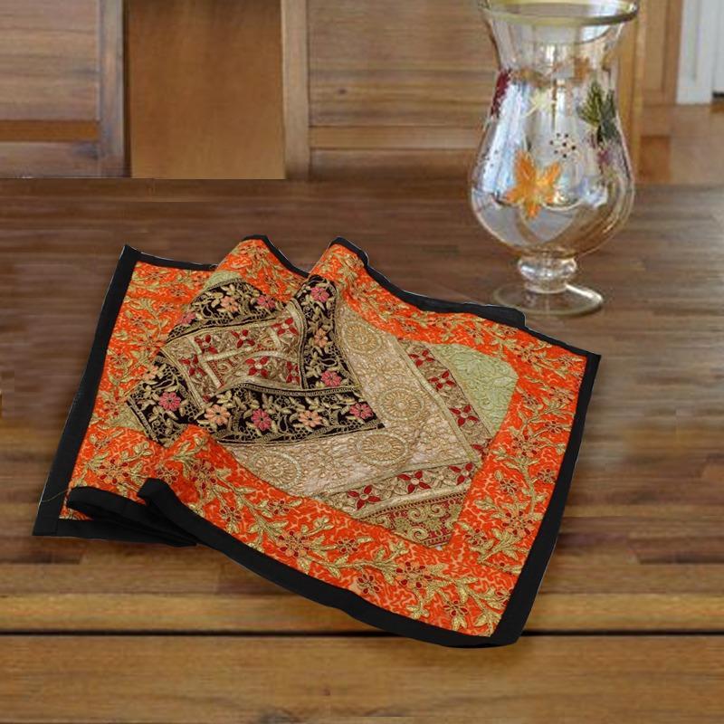 Flowery orange embroided table runner-1pc - waseeh.com