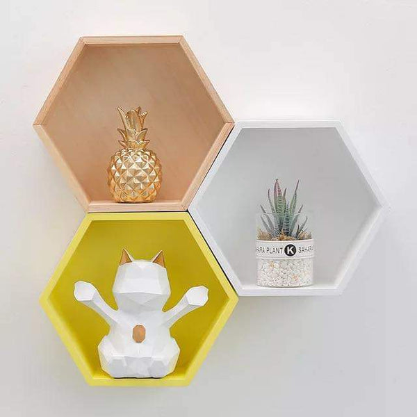 Funky Hexagonal Living Lounge Drawing Room Wooden Floating Shelve (Set of 3) - waseeh.com