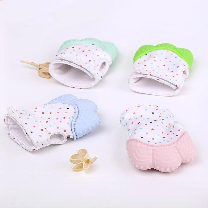 Four baby teething silicone mitts in mint, green, blue and pink with wooden beads