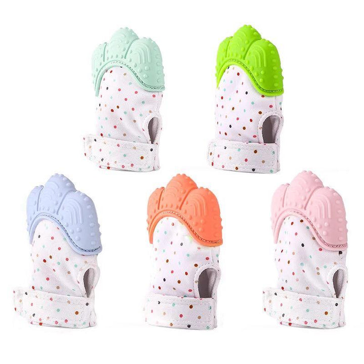 Five polka dot baby teething mitts with coloured silicone tops on white background
