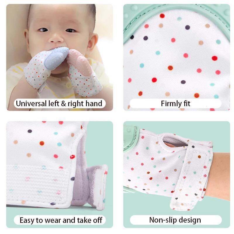 Infographic showing baby teething mitt features including firm fit and non-slip design