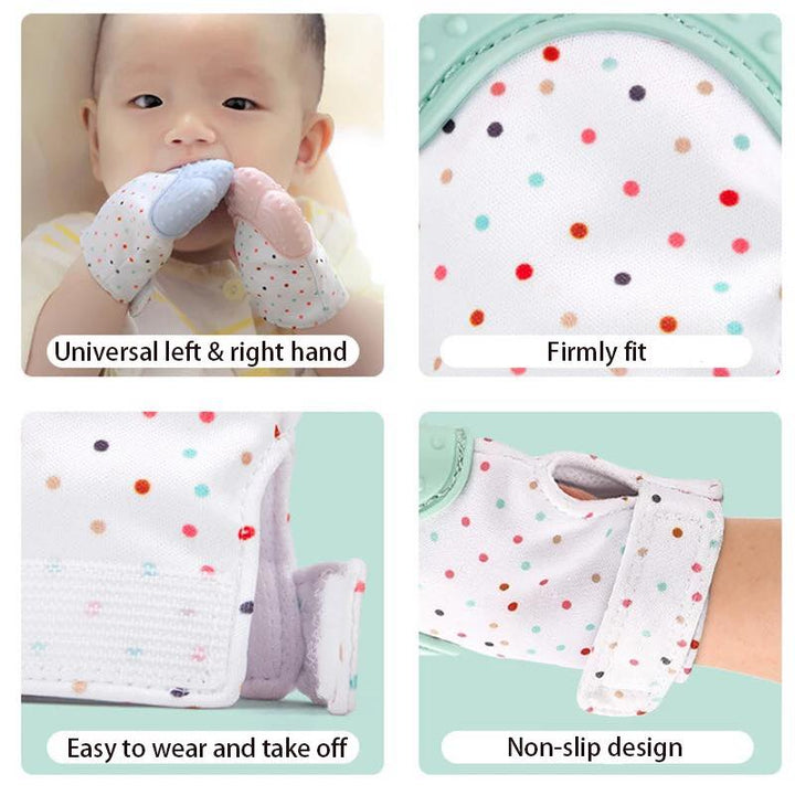 Infographic showing baby teething mitt features including firm fit and non-slip design