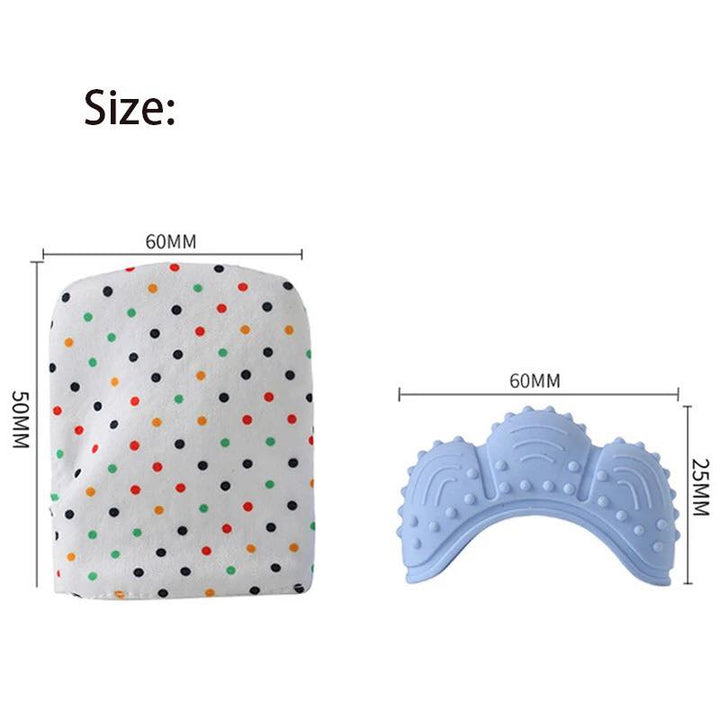 Dimension diagram of polka dot baby teething mitt and blue silicone teether top