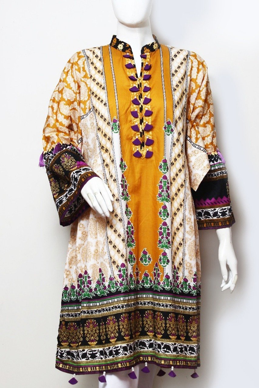 Beautiful Orange, With Beige &amp; Brown - Lawn Fabric - Ladies | Fashion Point | Waseeh Pakistan