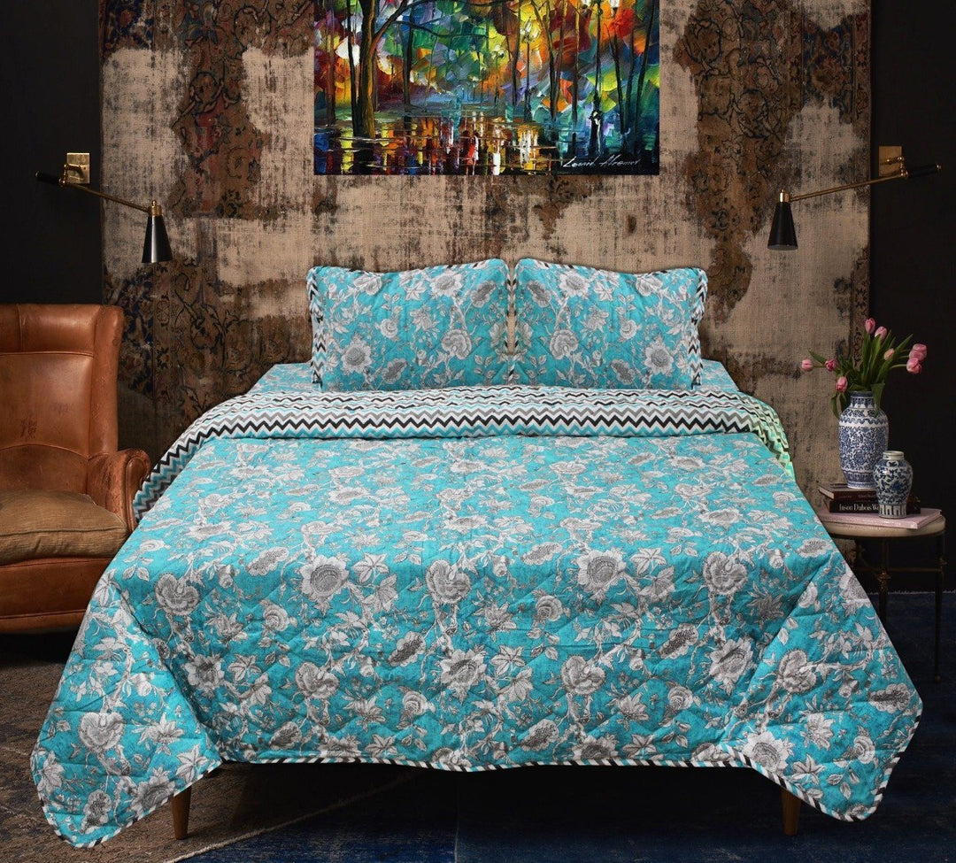 Blue Floral - Cotton Bed Spread Set - 6 pc | Home Décor | Waseeh Pakistan