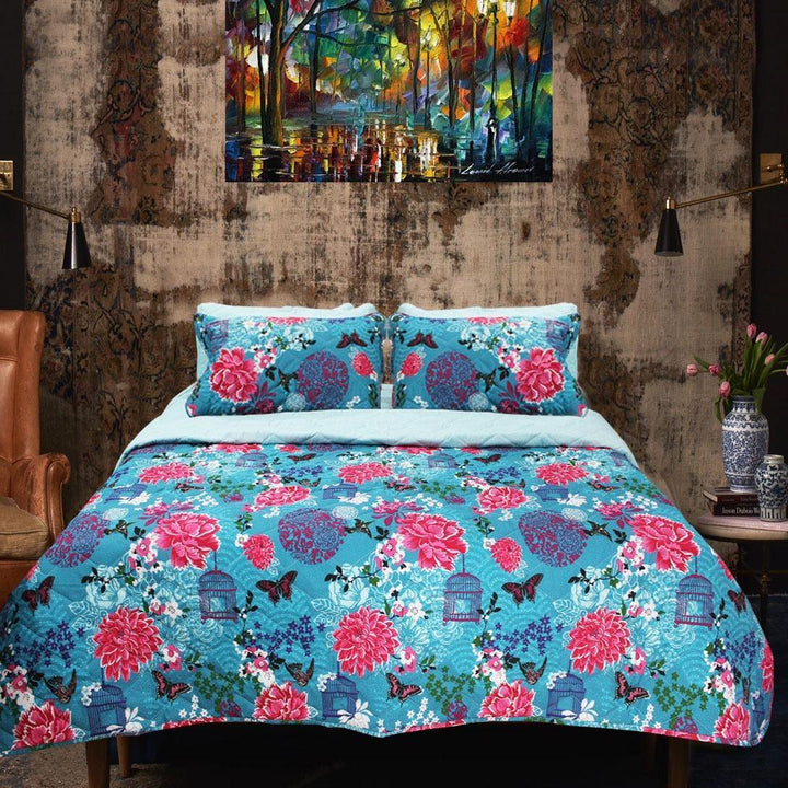 Blue Flowers - Export Quality Bed Spread Set - 6 pc | Home Décor | Waseeh Pakistan