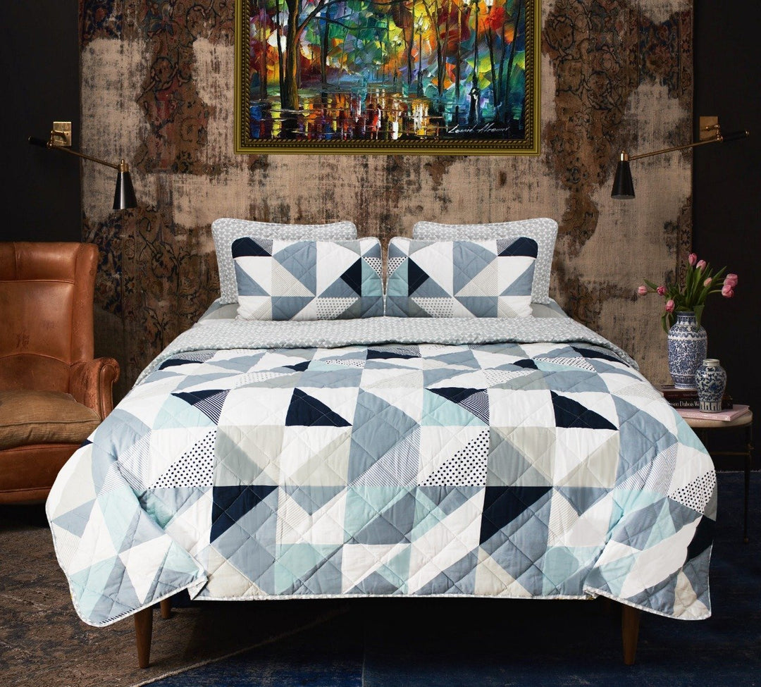 Blue Geometric - Export Quality Bed Spread Set - 6 pc | Home Décor | Waseeh Pakistan
